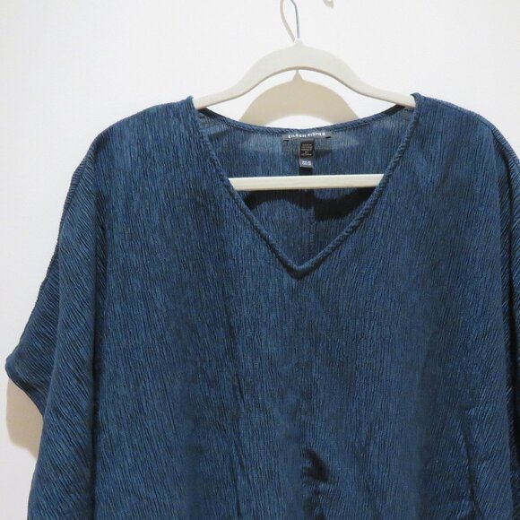 EILEEN FISHER V-Neck Boxy Plisse Tunic Top Green Tencel Lagenlook Minimalist - Picture 3 of 15